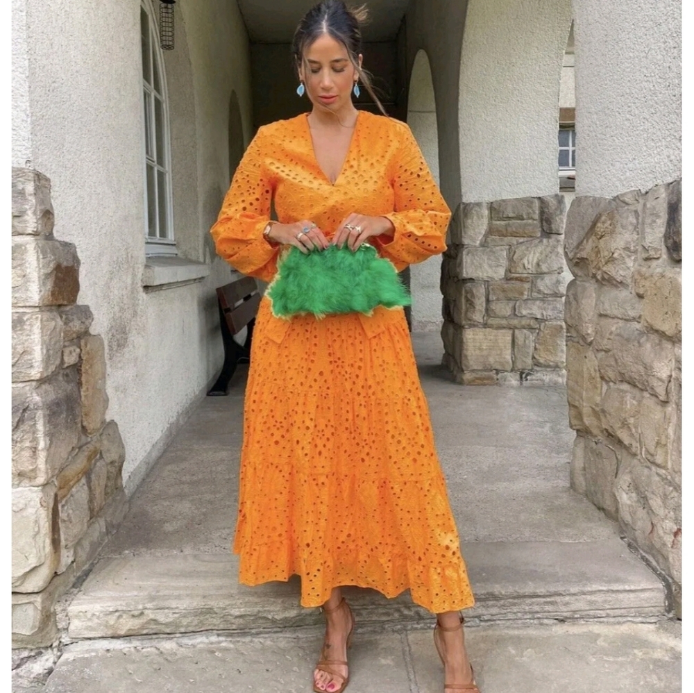 Orange Eyelet Midi Dress
